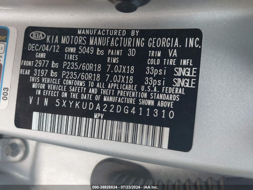 2013 Kia Sorento Ex V6 VIN: 5XYKUDA22DG411310 Lot: 39928834