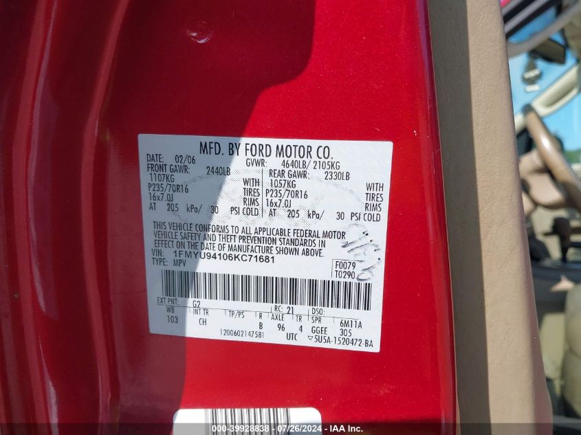 2006 Ford Escape Limited VIN: 1FMYU94106KC71681 Lot: 39928838