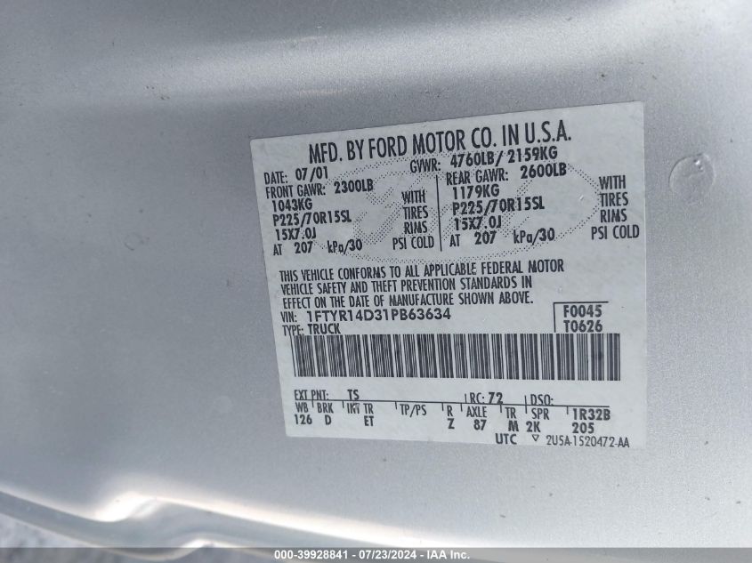 2001 Ford Ranger Xl/Xlt VIN: 1FTYR14D31PB63634 Lot: 39928841