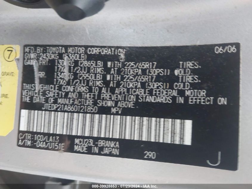 2006 Toyota Highlander Limited V6 VIN: JTEDP21A860121850 Lot: 39928853