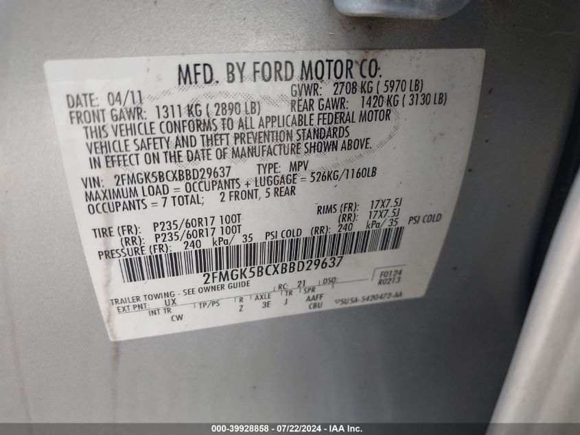 2011 Ford Flex Se VIN: 2FMGK5BCXBBD29637 Lot: 39928858