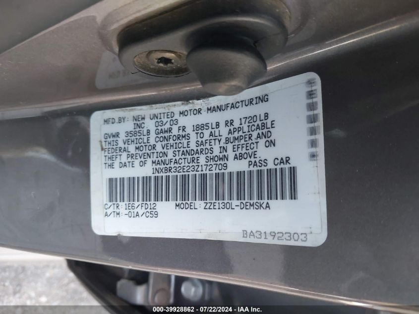 2003 Toyota Corolla S VIN: 1NXBR32E23Z172709 Lot: 39928862