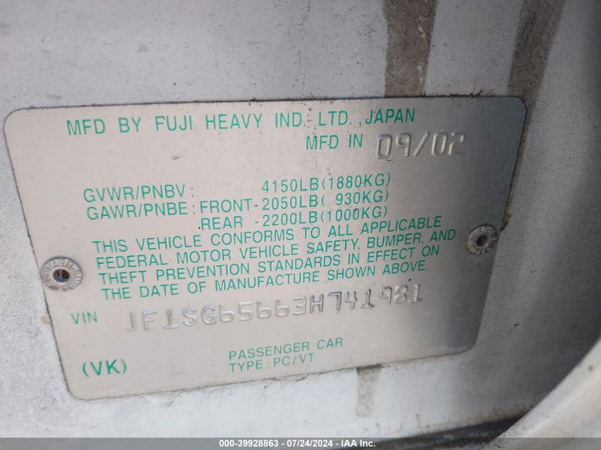 2003 Subaru Forester Xs VIN: JF1SG65663H741981 Lot: 39928863