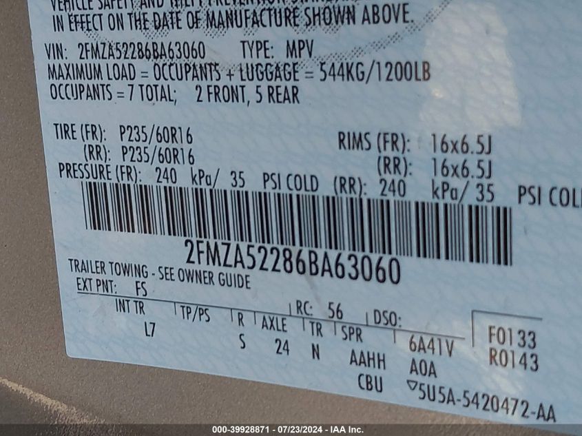 2006 Ford Freestar Sel VIN: 2FMZA52286BA63060 Lot: 39928871