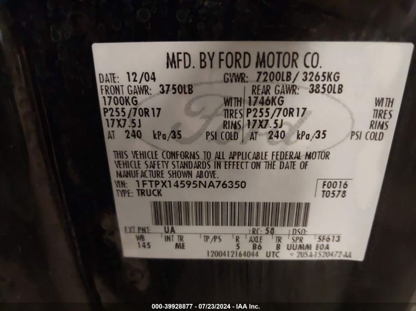 2005 Ford F-150 Fx4/Lariat/Xl/Xlt VIN: 1FTPX14595NA76350 Lot: 39928877