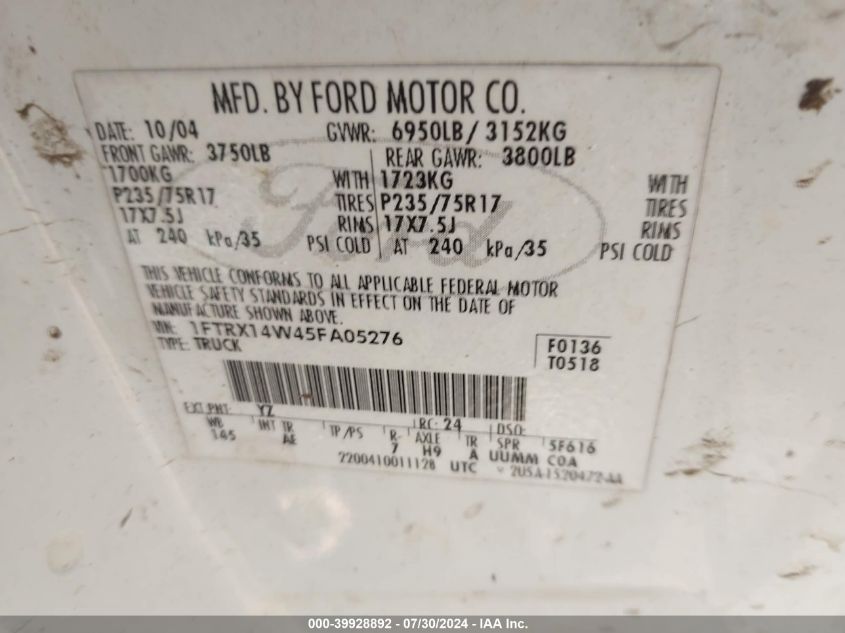2005 Ford F-150 Stx/Xl/Xlt VIN: 1FTRX14W45FA05276 Lot: 39928892