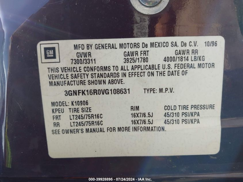 1997 Chevrolet Suburban 1500 VIN: 3GNFK16R0VG108631 Lot: 39928895