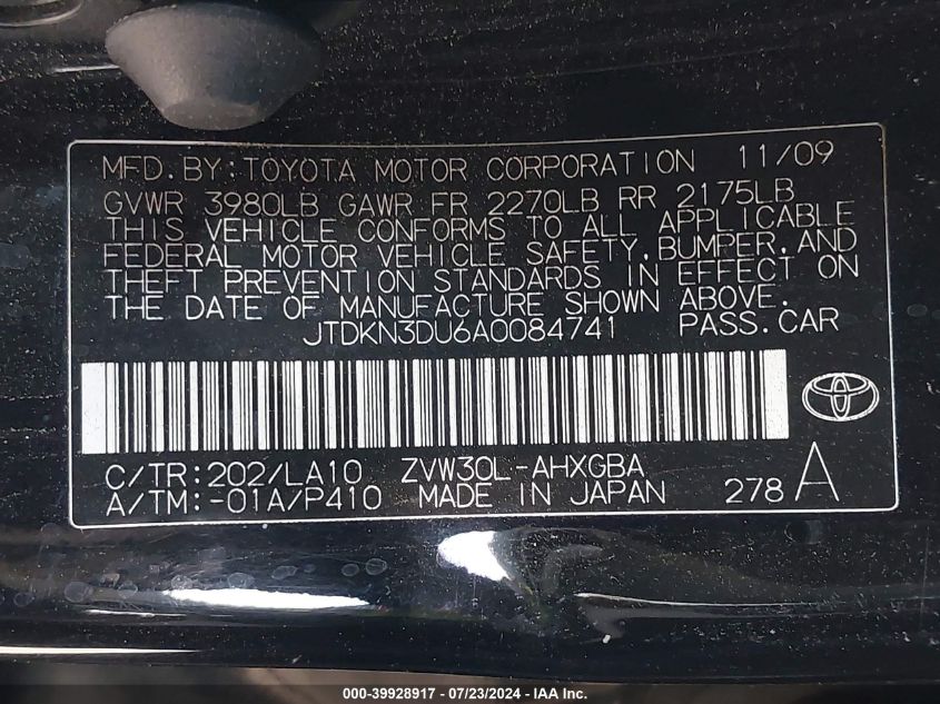 2010 Toyota Prius VIN: JTDKN3DU6A0084741 Lot: 39928917