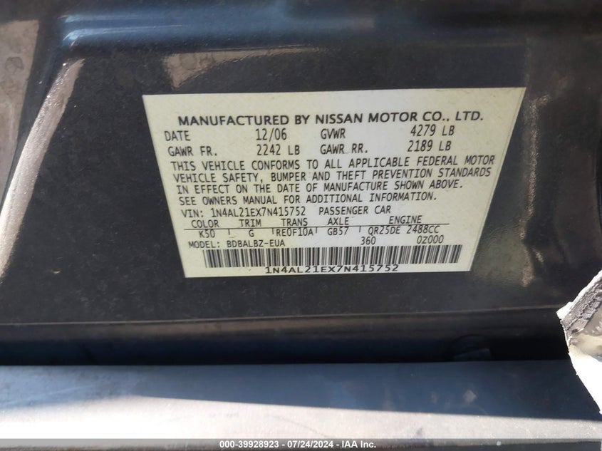 2007 Nissan Altima 2.5 S VIN: 1N4AL21EX7N415752 Lot: 39928923