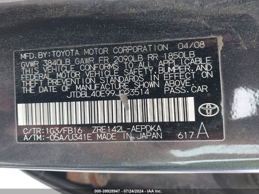 2009 Toyota Corolla Le VIN: JTDBL40E99J023514 Lot: 39928947