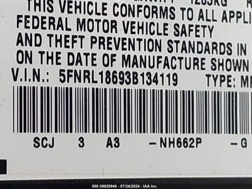 2003 Honda Odyssey Ex VIN: 5FNRL18693B134119 Lot: 39928948