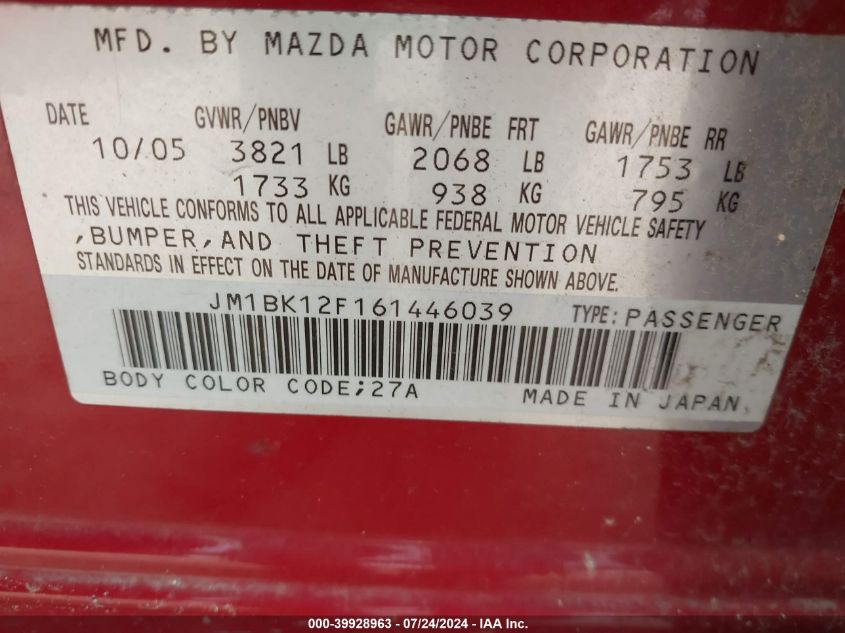 2006 Mazda 3 I VIN: JM1BK12F161446039 Lot: 39928963