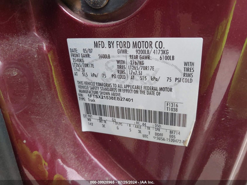 2008 Ford F250 Super Duty VIN: 1FTSX21538E827401 Lot: 39928965