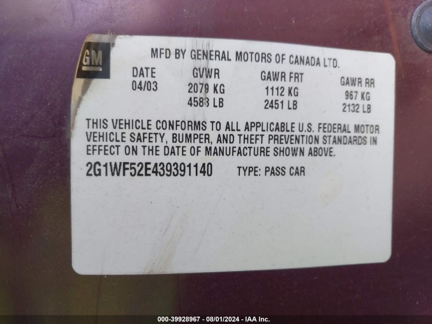 2003 Chevrolet Impala VIN: 2G1WF52E439391140 Lot: 39928967