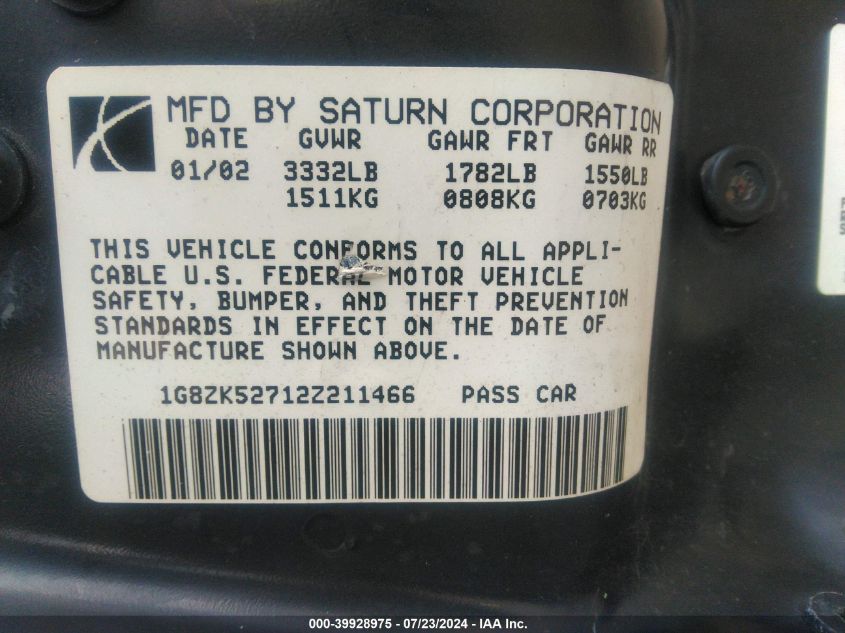 2002 Saturn S-Series Sl2 VIN: 1G8ZK52712Z211466 Lot: 39928975