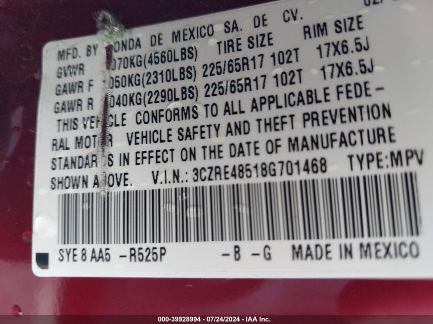 2008 Honda Cr-V Ex VIN: 3CZRE48518G701468 Lot: 39928994