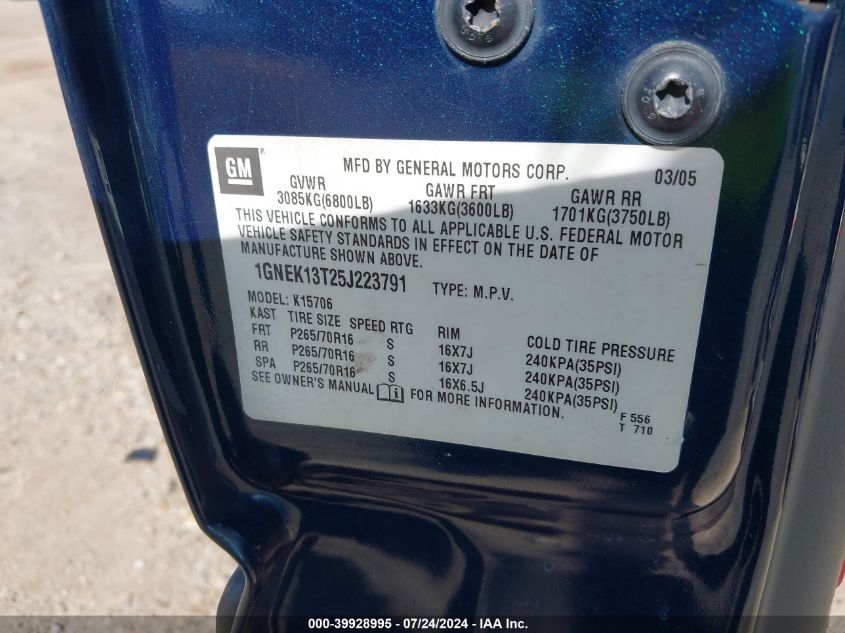 2005 Chevrolet Tahoe Ls VIN: 1GNEK13T25J223791 Lot: 39928995