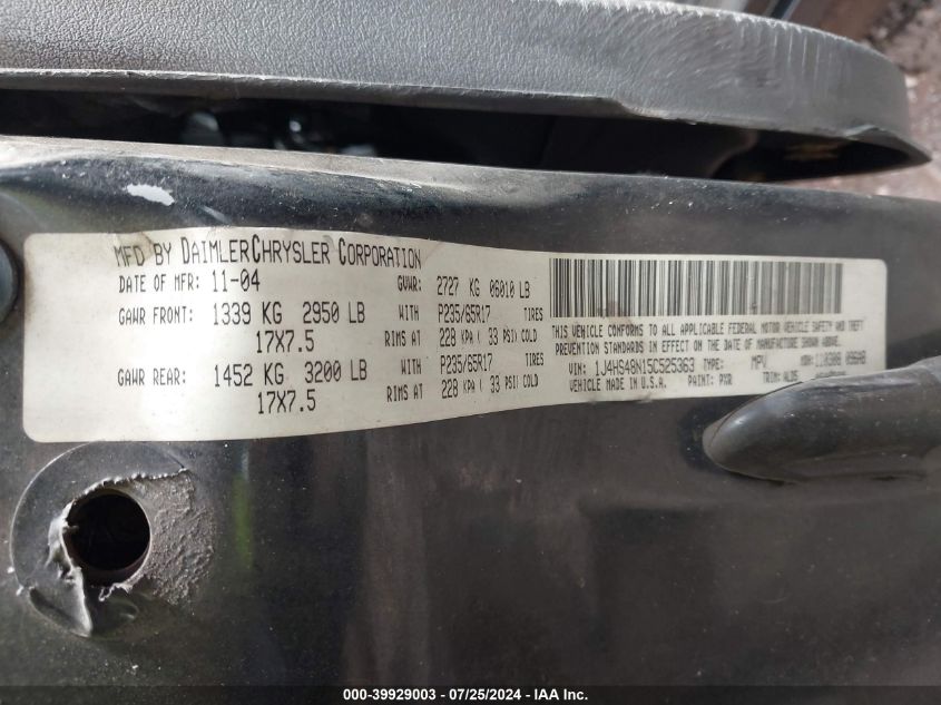 2005 Jeep Grand Cherokee Laredo VIN: 1J4HS48N15C525363 Lot: 39929003