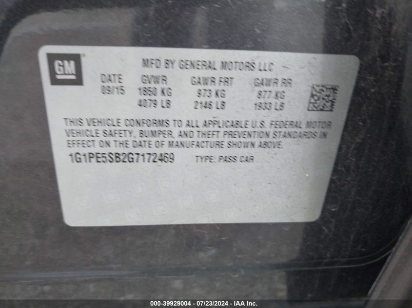 2016 Chevrolet Cruze Limited 1Lt Auto VIN: 1G1PE5SB2G7172469 Lot: 39929004