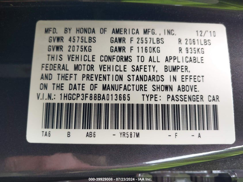 2011 Honda Accord 3.5 Ex-L VIN: 1HGCP3F88BA013665 Lot: 39929008