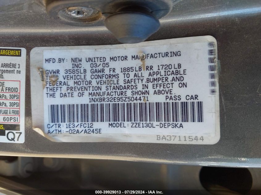 2005 Toyota Corolla Ce/S/Le VIN: 1NXBR32E95Z504471 Lot: 39929013