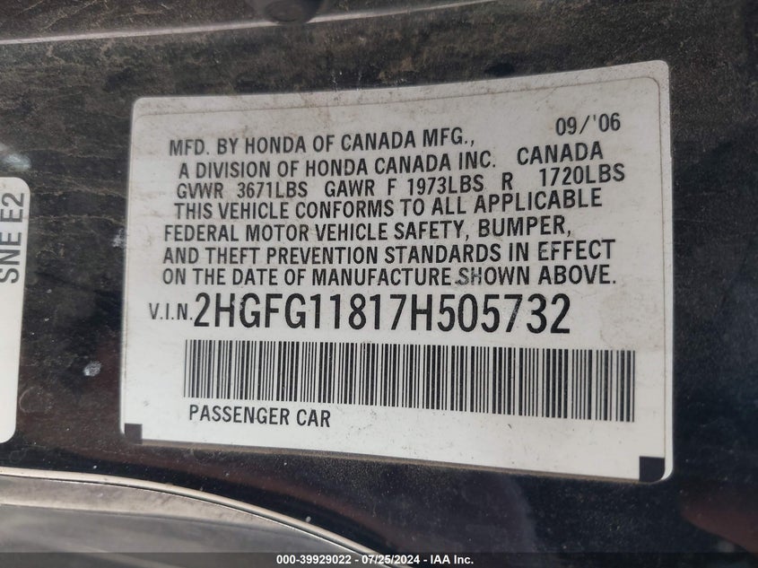 2007 Honda Civic Ex VIN: 2HGFG11817H505732 Lot: 39929022