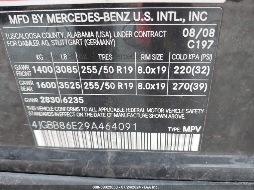 2009 Mercedes-Benz Ml 350 4Matic VIN: 4JGBB86E29A464091 Lot: 39929038