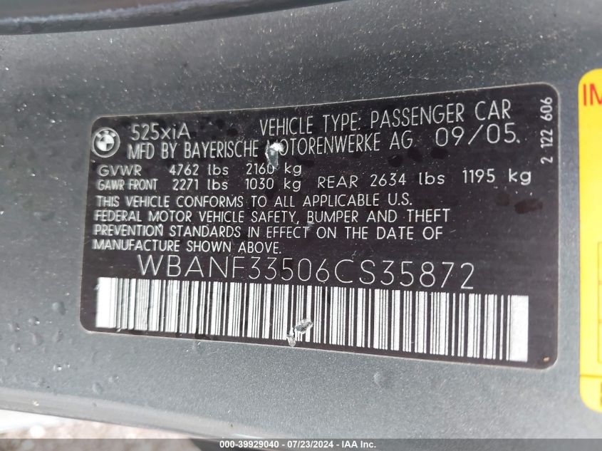 2006 BMW 525Xi VIN: WBANF33506CS35872 Lot: 39929040