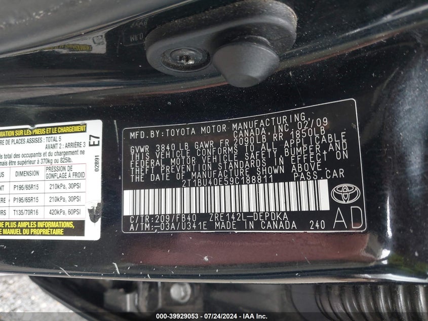 2009 Toyota Corolla S/Le/Xle VIN: 2T1BU40E59C188811 Lot: 39929053