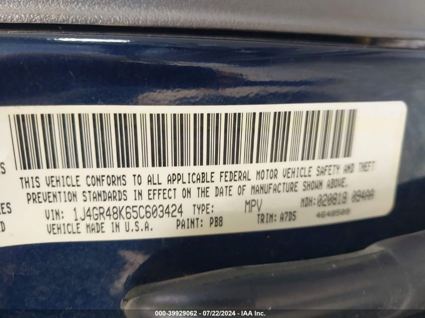 2005 Jeep Grand Cherokee Laredo VIN: 1J4GR48K65C603424 Lot: 39929062