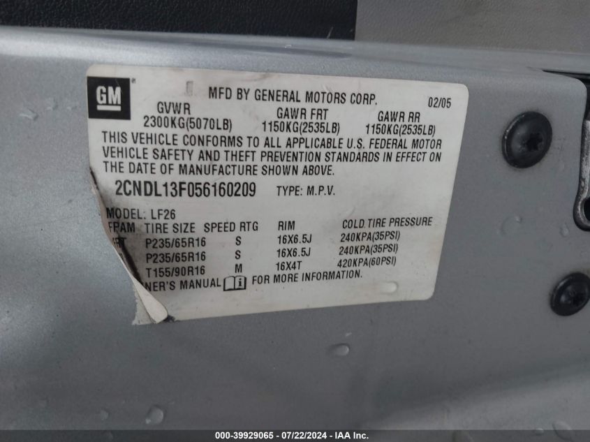 2005 Chevrolet Equinox Ls VIN: 2CNDL13F056160209 Lot: 39929065