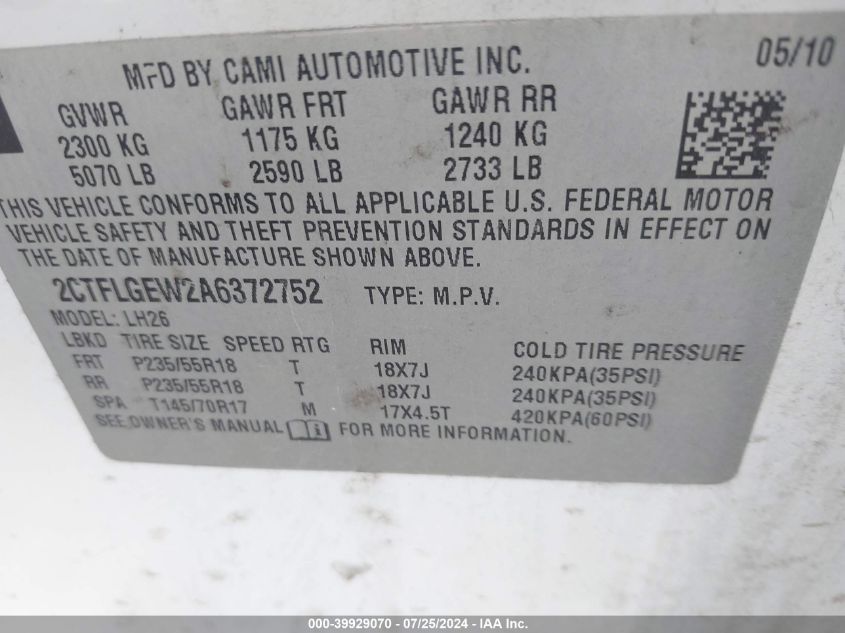 2010 GMC Terrain Slt VIN: 2CTFLGEW2A6372752 Lot: 39929070