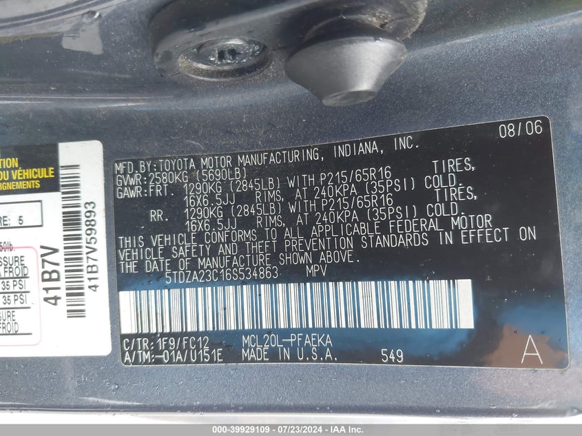 2006 Toyota Sienna Le VIN: 5TDZA23C16S534863 Lot: 39929109