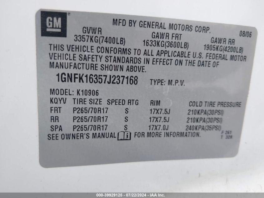 2007 Chevrolet Suburban 1500 Lt VIN: 1GNFK16357J237168 Lot: 39929125