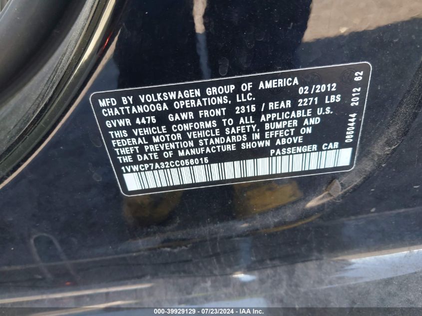 2012 Volkswagen Passat 2.5L Sel VIN: 1VWCP7A32CC056015 Lot: 39929129
