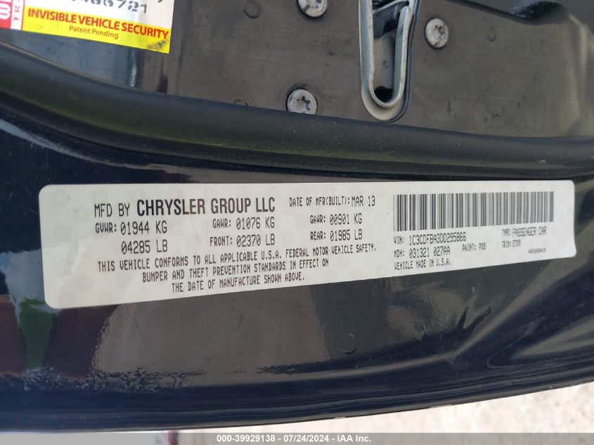 2013 Dodge Dart Sxt VIN: 1C3CDFBA3DD295866 Lot: 39929138