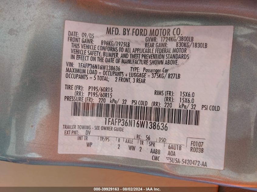 1FAFP36N16W138636 2006 Ford Focus Zxw