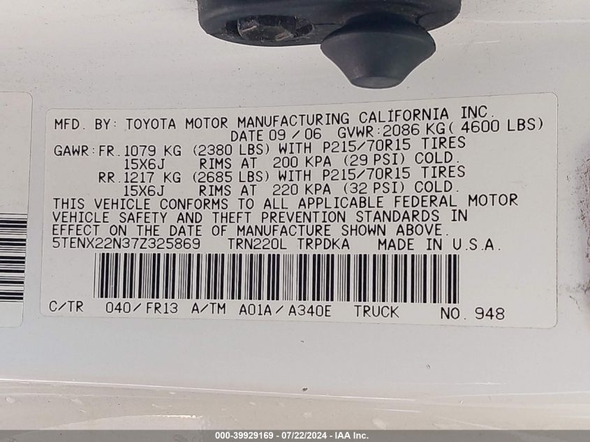 2007 Toyota Tacoma VIN: 5TENX22N37Z325869 Lot: 39929169
