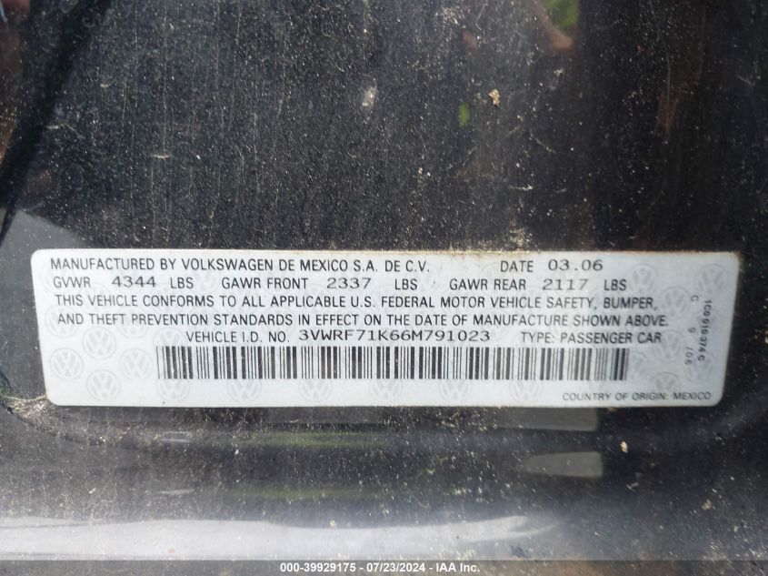 2006 Volkswagen Jetta 2.5 VIN: 3VWRF71K66M791023 Lot: 39929175
