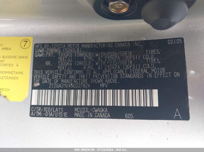 2005 Lexus Rx 330 VIN: 2T2GA31U45C027824 Lot: 39929188