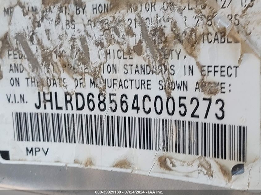 2004 Honda Cr-V Lx VIN: JHLRD68564C005273 Lot: 39929189