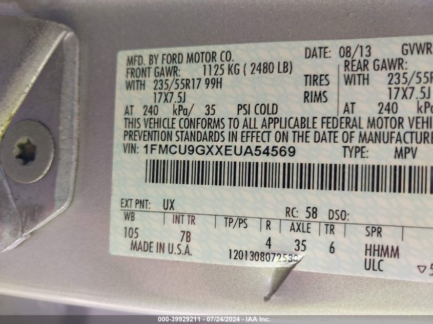 2014 Ford Escape Se VIN: 1FMCU9GXXEUA54569 Lot: 39929211