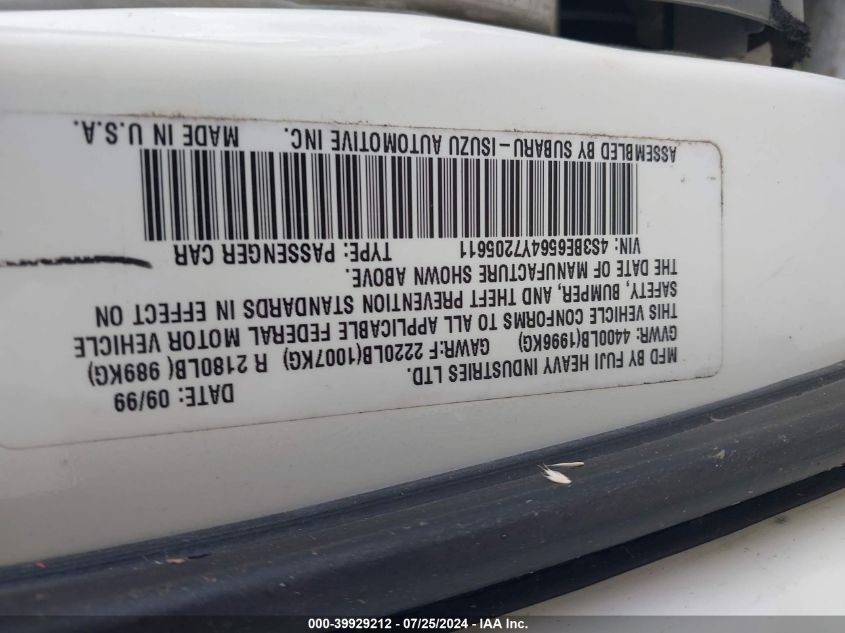 2000 Subaru Legacy Gt Limited VIN: 4S3BE6564Y7205611 Lot: 39929212