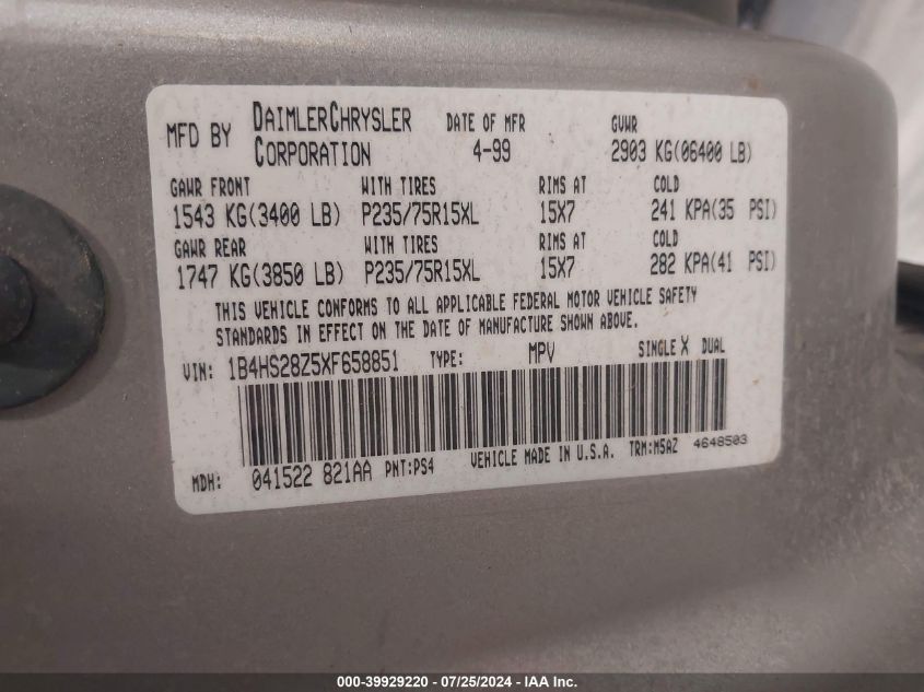 1999 Dodge Durango VIN: 1B4HS28Z5XF658851 Lot: 39929220