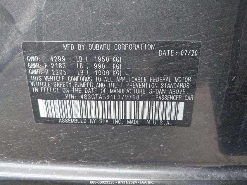 2020 Subaru Impreza 5-Door VIN: 4S3GTAB61L3727681 Lot: 39929226