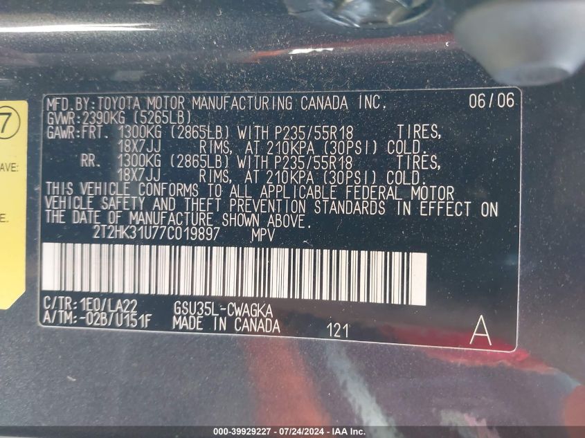 2007 Lexus Rx 350 VIN: 2T2HK31U77C019897 Lot: 39929227