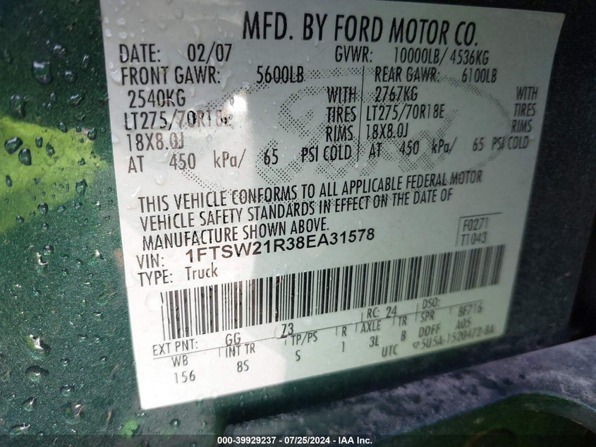 2008 Ford F-250 Fx4/Harley-Davidson/King Ranch/Lariat/Xl/Xlt VIN: 1FTSW21R38EA31578 Lot: 39929237