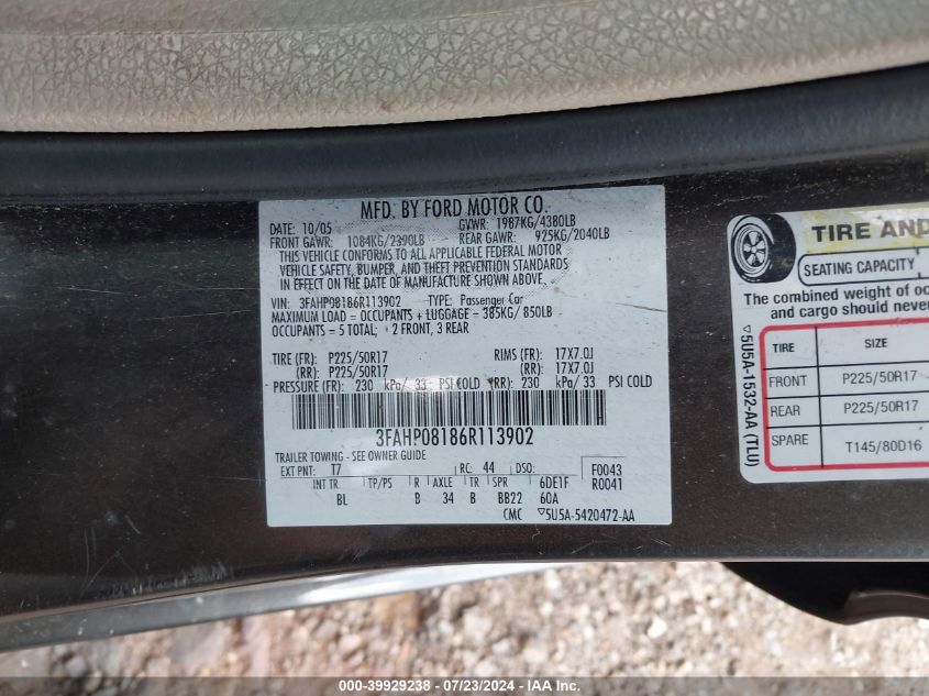 2006 Ford Fusion Sel VIN: 3FAHP08186R113902 Lot: 39929238