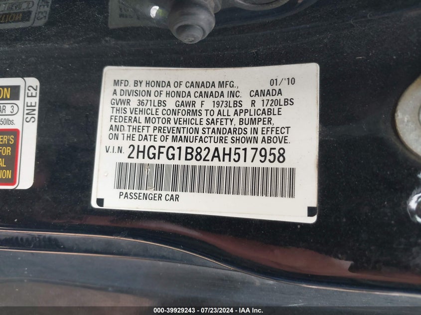 2010 Honda Civic Ex VIN: 2HGFG1B82AH517958 Lot: 39929243
