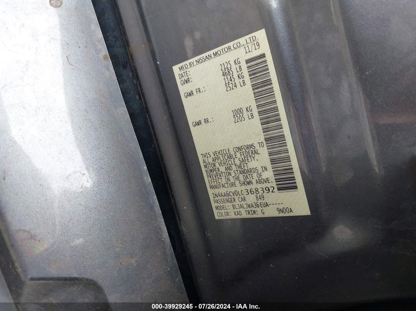 VIN 1N4AA6CV0LC368392 2020 NISSAN MAXIMA SV XTRONIC CVT